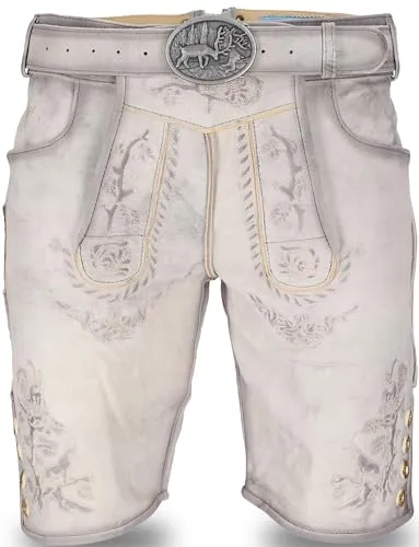 Steigenhöfer Manufaktur Trachtenlederhose FRANZ - Trachtenhosen aus 100 % Rindsleder, perfekt für dein Oktoberfest-Outfit. Das Vintage-Design mit traditioneller Stickerei und Gürtel vereint Stil und Komfort.