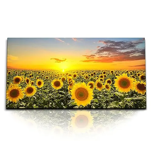 Sinus Art Leinwandbild Kunstdruck Bilder 120x60cm Sonnenblumenfeld Sonnenblumen Gelb Sonnenun, (1 St)