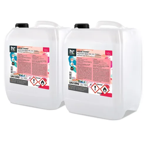 Aceton rein 99,5% (2 x 10 L) - Höfer Chemie - Abbeizer & Farbentferner, hochwirksamer Entfetter und Verdünner für professionelle Reinigungsanwendungen, ideal für Lackentfernung und schnelle Ergebnisse.