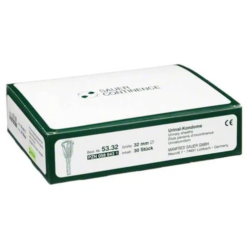 Kondome M Schlauchans 5332 - 30 ST - Inkontinenzeinlagen mit Latex-Kondomen, die durch Zentrifugieren nahezu frei von chemischen Reststoffen sind. Ideal für sicheren Anschluss an Urin-Auffangbeutel.