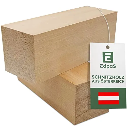 EdpaS Schnitzholz Großes Lindenholz - 2er Set Holzblock (20x7x7cm) - Drechselholz - Linde Rohlinge - Holz zum Schnitzen - schnitzen kinder - Schnitzholz groß zum drechseln, schnitzen Linden Holzblock