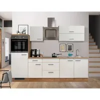 Flex Well Küchenzeile Vintea 270 cm magnolia matt - Elegante Küchenzeile mit Geräten, 270 cm breit für optimalen Stauraum, inklusive h-tech Einbaubackofen und Kopffreihaube für modernes Kochen.