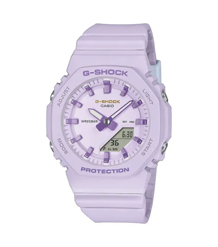 Casio GMA-P2125W-6AER Damenuhr - Chronograph mit einzigartigem Design zum Internationalen Frauentag, 20 ATM wasserdicht, komfortables biobasiertes Resin-Armband und leuchtende Mimose bei LED-Beleuchtung.