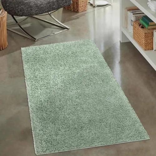 carpet city Shaggy Hochflor Teppich - 80x150 cm - Grün - Langflor Wohnzimmerteppich - Einfarbig Uni Modern - Flauschig-Weiche Teppiche Schlafzimmer Deko