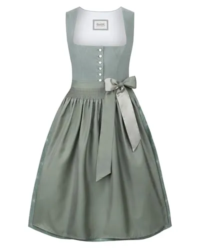 Stockerpoint Damen Helene Midi Dirndl in Salbei, Größe 44 - Elegantes Dirndl für Damen, aus hochwertigem Leinenstoff, mit ausgefallenen Perlmuttknöpfen und pflegeleichtem Baumwollrock – ideal für festliche Anlässe.