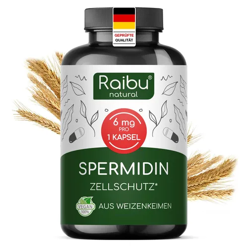 Raibu Spermidin Kapseln hochdosiert - 6 mg pro Kapsel - Ballaststoffpräparate, unterstützt Vitalität und ein gutes Altern mit 6 mg Spermidin aus Weizenkeimextrakt, vegan und ohne Zusatzstoffe - 3 Monate Vorrat.