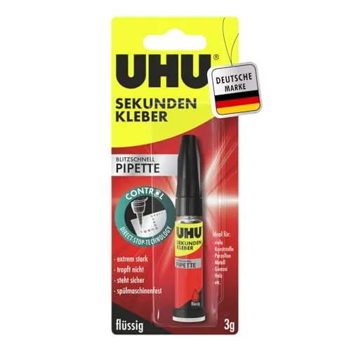 UHU Sekundenkleber 45570 blitzschnell mit Pipette - Klebstoffe, blitzschnell trocknend und extra stark, ideal für präzise Anwendungen in kleinsten Ecken dank Pipette. Wasserfest und vielseitig einsetzbar für verschiedene Materialien.