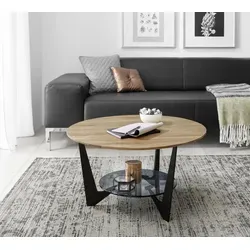 MCA furniture Couchtisch Cadiz rund, Ø70 cm - Couchtisch aus massivem Eichenholz mit pflegeleichter Glasablage, ideal für stilvolle Wohnzimmer und maximaler Stauraum.