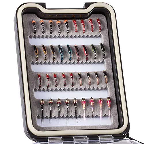 Bassdash Fliegenfischen Fliegen Set Forellenbarschangeln mit Fliegenbox, 36/64/72/76/80 / 96Stk. Mit Trockenfliegen/Nassfliegen, Nymphen, Streamers, Popper