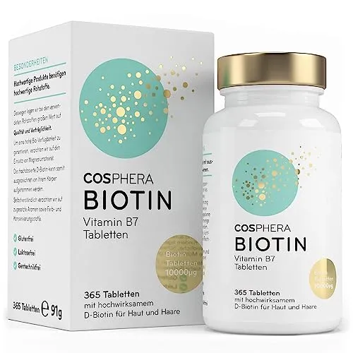 Cosphera Biotin Tabletten - 10.000 mcg D-Biotin pro Tablette - Biotinpräparate für gesundes Haar und Haut, hochdosiert mit 10.000 mcg pro Tablette, 365 vegane Tabletten im Jahresvorrat, hergestellt in Deutschland.