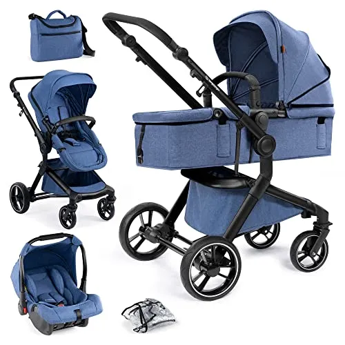 Bergsteiger Kombi-Kinderwagen Lugo 3in1/4in1, blau/schwarz - Kombikinderwagen mit pannensicheren Rädern und Reflexstreifen, inklusive Babyschale und Winterfußsäcken. Ideal ab Geburt bis 22 kg, perfekt für aktive Eltern.