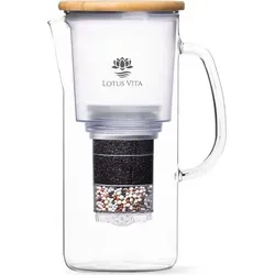 Lotus Vita Wasserfilter Glaskanne Enya 1,4L mit Bambusdeckel - Filter-Kanne für sauberes Trinkwasser, stilvolles Design mit Blume des Lebens, einfache Reinigung und Installation, ideal für Küche und Zuhause.