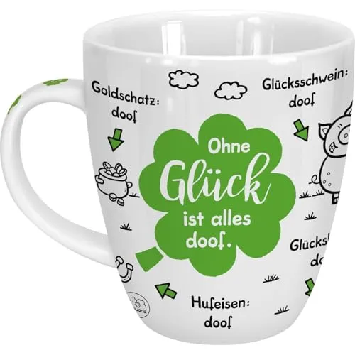 Sheepworld Tasse "Ohne Glück ist alles doof" | Porzellan, 45 cl | Sprüche-Tasse für Kaffee und Tee, Porzellantasse mit Spruch, Silvester | 46504