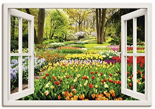ARTLAND Wanddeko Leinwand Bilder Wandbild 70x50 cm + weitere Größen Keilrahmenbild Fensterblick Landschaftsbilder Tulpen Blumen U1OS