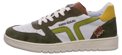 Kamo-Gutsu Campo-048 Herren Sneaker Verde-Zolfo - Stylischer Herren Sneaker von Kamo-Gutsu mit herausnehmbarer Ledersohle und modischen Alternativsenkeln. Ideal für Retro-Fans, bietet er Komfort und individuelles Design.