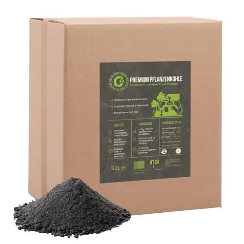 C44-50L Premium Pflanzenkohle - EBC-zertifiziertes Biochar für Garten, Rasen & Hochbeet - Basis für Terra Preta - Hochporöser Bodenverbesserer & Nährstoffspeicher