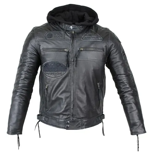 Herren Motorradjacke mit Protektoren und Kapuze - Robuste Lederjacke für Biker mit herausnehmbaren Protektoren und verstellbaren Seitenteilen. Ideal für Fahrten bei jedem Wetter dank der praktischen Kapuze und zahlreichen Taschen.