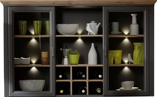Buffet-Aufsatz Varese, grau - Stilvoller Landhausstil - Wohnzimmerschrank mit LED-Beleuchtung, ideal zum Präsentieren von Geschirr. Ergänzt das Sideboard Varese perfekt und verleiht Ihrem Raum einen eleganten Touch.