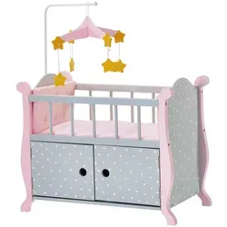 TEAMSON™ KIDS Puppenbett Grau Rosa mit Mobile - Puppenmöbel für Kinder, luxuriöses Puppenbett mit weicher rosa Unterlage und praktischem Stauraum für Bettwäsche, inklusive Mobile mit Sternen.