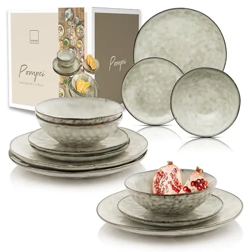 Sänger Tafelservice Pompei – 12-teiliges Geschirrset für 4 Personen im Vintage-Design - Tafelservice aus handgefertigtem Steingut mit einzigartiger Oberfläche. Ideal für 4 Personen, spülmaschinen- und mikrowellengeeignet – für stilvolle Mahlzeiten!