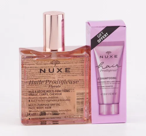 Nuxe Huile Prodigieuse Florale - Multi-Purpose Dry Oil 100ml + 30ml Shampoo - Shampoos - Verwöhnendes Multi-Use Trockenöl und glanzbringendes Shampoo für strahlendes Haar und geschmeidige Haut.