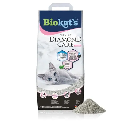 Biokat's Diamond Care Fresh Katzenstreu mit Babypuder-Duft - Katzenstreu mit Aktivkohle für optimale Geruchsbindung und Aloe Vera für sanfte Pflege der Katzenpfoten - 10 L Sack, ideal für eine saubere Katzentoilette.