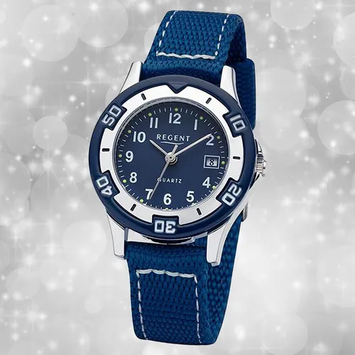 Regent URF1366 - Jugend Armbanduhr Blau mit Lederarmband - Stilvolle Armbanduhr für Kinder mit analoger Anzeige und blauem Textilarmband. Ideal für den Alltag, mit Wasserdichtigkeit bis 10 bar und praktischem Kalender. Perfekt für modebewusste junge Träger!