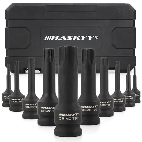 HASKYY Schlagschrauber Nüsse Satz 1/2 Zoll T20-T80 Torx Steckshlüssel Bits Set 10 tlg. Torx Stecknüsse Set - KFZ, Motorinstandseztung, Bremsenwartung & Getriebereparatur Werkzeug