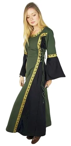 Leonardo Carbone® Damen Kleid Bordüre Sophie - Kostüm-Outfits für Erwachsene, elegantes Mittelalterkleid mit verstellbarer Schnürung und fließenden Trompetenärmeln, ideal für Karneval, Halloween und Cosplay.