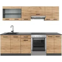 Vicco Küchenzeile Raul - 240 cm, Goldkraft Eiche Anthrazit mit schwarzer gemusterter Arbeitsplatte, flexibel umstellbar und pflegeleicht