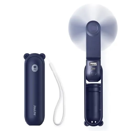 JISULIFE Mini Handventilator 3-in-1 - USB-Ventilator mit 3 Funktionen: Handventilator, Powerbank und Taschenlampe. Ideal für Reisen und Sommer mit bis zu 19 Stunden Kühlzeit.