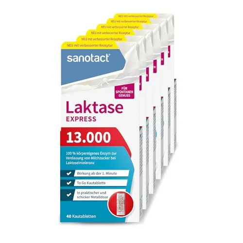 sanotact Laktase 13.000 EXPRESS – Hochdosierte Laktosetabletten für sofortige Wirkung - Verdauungsenzyme – Laktase 13.000 FCC-Einheiten für schnelle Linderung bei Laktoseintoleranz, ideal für spontanen Genuss von Milchprodukten, praktisch für unterwegs!