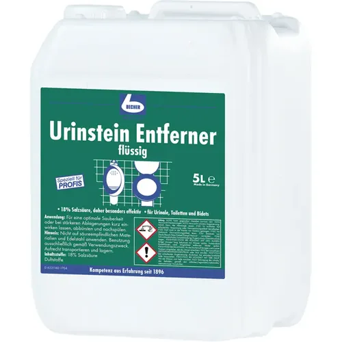 Dr. Becher Urinstein Entferner 5 L - Sanitärreiniger mit 18 % Salzsäure, effektiv gegen Urinstein, Wasserstein und Kalkablagerungen in WCs und Urinalen, für kraftvolle Reinigung und schnelle Ergebnisse.