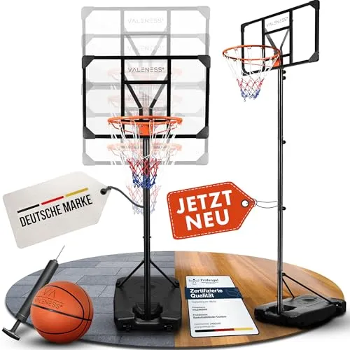 VALENESS® Höhenverstellbarer Basketballkorb Outdoor - Wetterfest & Stabil - Erlebe maximalen Spielspaß mit dem VALENESS Basketballkorb, höhenverstellbar von 135 bis 305 cm. Inklusive Ball, Pumpe und Anleitung für ein echtes Spielerlebnis. Robuste Bauweise für hohe Stabilität und einfache Umpositionierung.