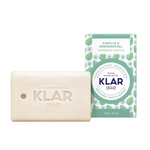 KLAR Festes Shampoo Kamille & Brennnessel 100 g - Umweltfreundliches Shampoo für störrisches Haar, silikonfrei und vegan, in praktischer Pappverpackung - langlebig und ergiebig.