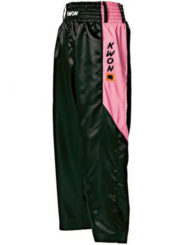 KWON Kickboxing Hose "Satin", Schwarz/Pink - 180 cm - Elegante Kickboxhose aus glänzendem Polyester, ideal für Training und Wettkampf. Die Kombination aus Schwarz und Pink sorgt für einen stylischen Auftritt.