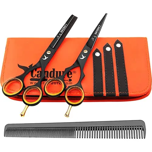 Candure Friseurschere Haarschneideschere Set Professionelles Haarscheren 5.5" Rostfreier Stahl Friseurschere Effilierschere mit Kamm Für Männer, Frauen und Kinder