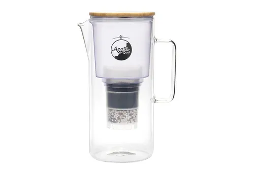 AcalaQuell Silizia Wasserfilter Kannenfilter aus Glas - Hochwertiger Kannen-Wasserfilter aus Glas mit Mikroschwamm und Filterkartusche. Reinigt und strukturiert Ihr Wasser auf natürliche Weise – für frisches, gesundes Trinkwasser zu Hause oder im Büro.