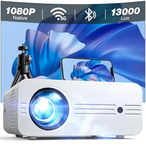 Beamer, 13000 Lux Full HD 1080P 4K Unterstützt, iZEEKER Beamer Handy 5G WiFi Bluetooth, Mini Projektor 300” Heimkino Kompatibel mit iOS Android HDMI TV Stick PS5 (Tasche & Stativ Inklusive)