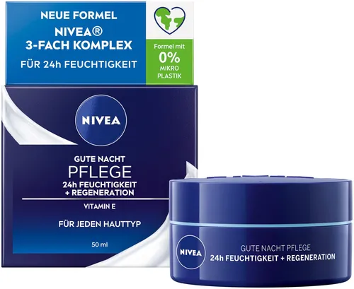 NIVEA Gute-Nacht-Pflege Nachtcreme 50 ml - Nachtpflege für jeden Hauttyp mit 24h Feuchtigkeit und Regeneration - für frisch und erholt aussehende Haut am Morgen. Enthält Vitamin E und Wasserlilienextrakt, dermatologisch getestet und vegan.