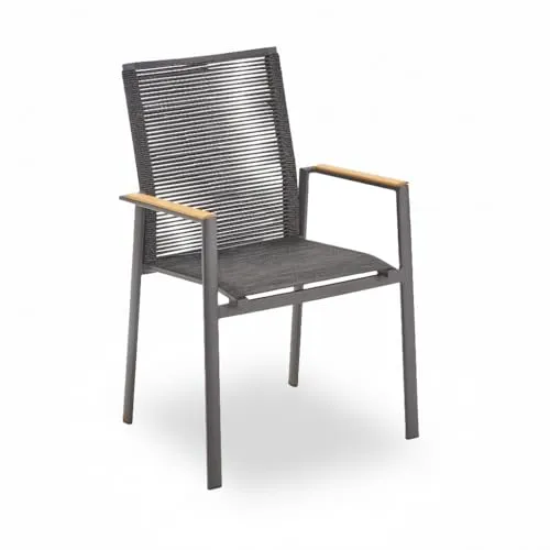 Liadomo Gartenstuhl Limbadi - Wetterfester Stapelstuhl mit Teakholz-Armlehnen - MODERNES DESIGN: Der stilvolle Gartenstuhl mit Rope-Bespannung und Aluminiumgestell bietet hohen Sitzkomfort und ist ideal für Terrasse und Balkon. Leicht, stapelbar und langlebig – perfekt für den Outdoor-Bereich.