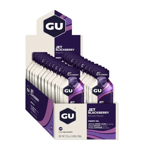 GU Unisex Energy Gel Jet Blackberry - 24 x 32g - Sportnahrung mit intensivem Brombeergeschmack und 40 mg Koffein pro Portion für maximale Leistung. Unterstützt die Muskelregeneration mit BCAAs und sorgt für Elektrolytausgleich.