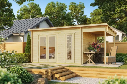 Fjordholz Gartenhaus Modell Mali 28 A mit Pultdach - Massives Gartenhaus aus 28mm nordischer Fichte, ideal für den Garten. Mit hochwertiger Doppeltür, bodentiefem Fenster und stabiler Konstruktion – perfekt für kreative Nutzung und individuellen Platz.