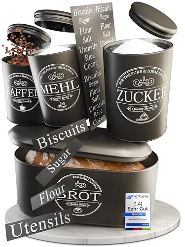 IDEALTASTIC® Premium Brotkasten 4er Set - Zuckerdose, Mehl Aufbewahrung & Kaffeedose - Vorratsdosen-Sets: Luftdichte Aufbewahrung für frischen Kaffee und eine organisierte Küche, stilvoll und langlebig.