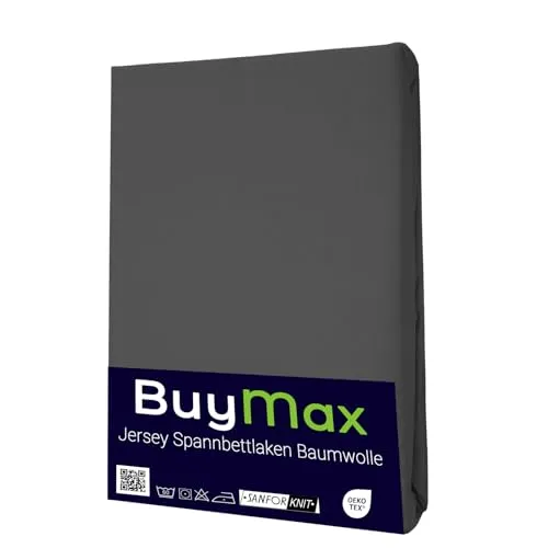 Buymax Spannbettlaken 200x200cm Baumwolle 100% Spannbetttuch Bettlaken Jersey, Matratzenhöhe bis 25 cm, Farbe Anthrazit
