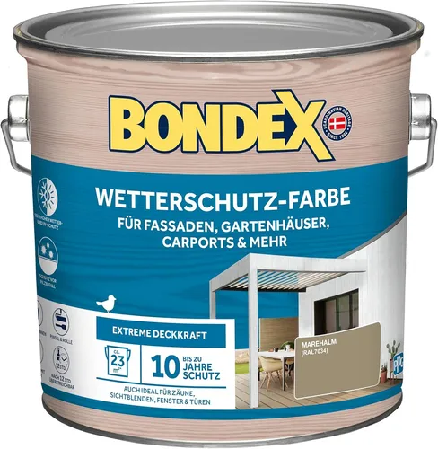Bondex Wetterschutz-Farbe Marehalm - Ral 7034, 2,5 L - Holzlasuren für außen, extreme Deckkraft und bis zu 10 Jahre Wetterschutz, schützt Holz vor Pilz- und Algenbefall.