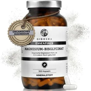 QIDOSHA® Magnesium Bisglycinat Kapseln - 300 Stk im Apothekerglas - Magnesiumpräparate mit hoher Bioverfügbarkeit, ideal für empfindliche Mägen. Jede Tagesportion liefert 300 mg elementares Magnesium für Energie und Wohlbefinden.