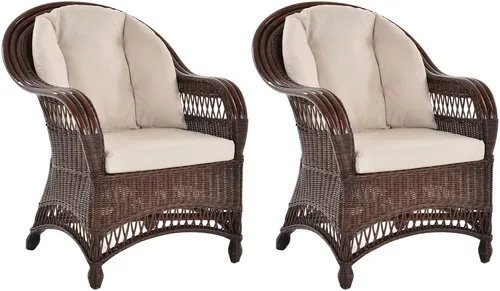 Bequemer Rattan Sessel EWA Set/2 - Wintergarten Lesesessel (Braun, Muster) - Sofas & Sessel - Gemütlicher Lesesessel im Landhausstil mit abnehmbaren Sitzkissen und elegantem Rattan-Gestell, perfekt für Ihr Wohnzimmer oder Wintergarten.