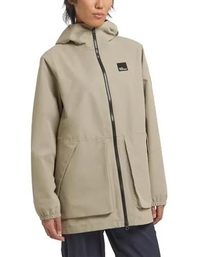 Jack Wolfskin Damen TERRAVIEW 2L W Parka, Stone, S - Wasserdichte Damen-Regenjacke mit 20.000mm, längerer Schnitt und einstellbarer Kapuze, ideal für Outdoor-Aktivitäten bei jedem Wetter.