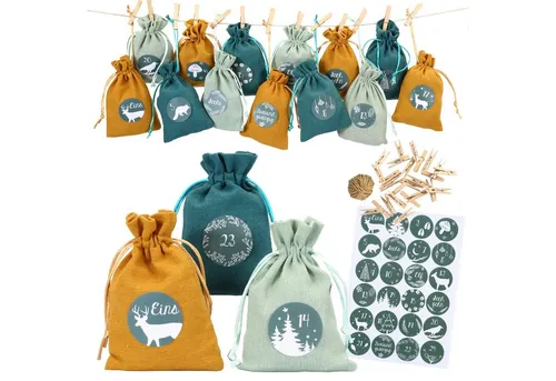 PAPIERDRACHEN Adventskalender mit Stoffsäckchen - Wiederverwendbarer Adventskalender aus 24 Stoffbeuteln (10x15cm), ideal für Süßigkeiten und kleine Geschenke. Ein umweltfreundlicher Hingucker zur Weihnachtszeit!